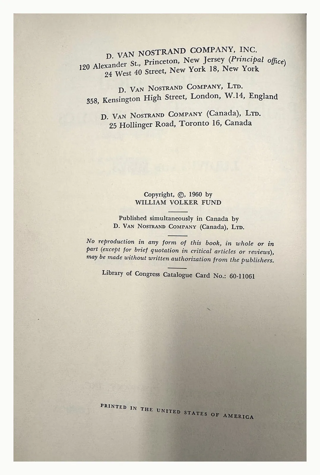 Copyright page, D. Van Nostrand, 1960